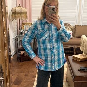 Soft Surroundings Teal & Blue Plaid Shirt with a surprise back